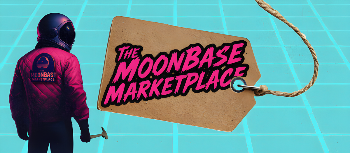 The MoonBase Marketplace astronaut with a price tag on a cyan grid